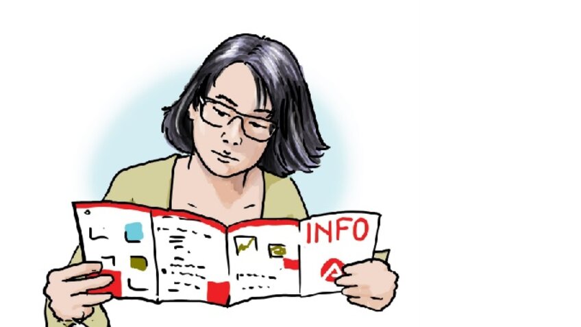 Farbige Zeichnung einer jungen Frau, die in einer Infobroschüre der Bundesagentur für Arbeit liest | © Bundesagentur für Arbeit