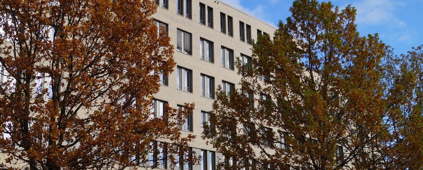 Ansicht Westseite Jobcenter Bremerhaven im Hintergrund, im Vordergrund Bäume mit Herbstlaub