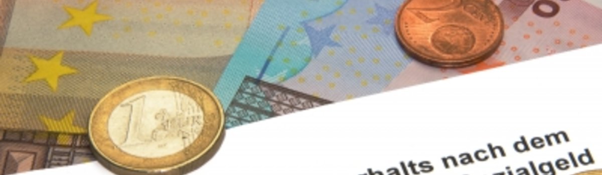 Kopfbereich Antragsformular Arbeitslosengeld II, im Hintergrund abgebildet sind Euro Banknoten und Münzen