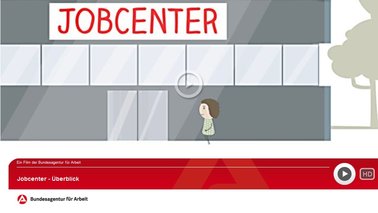 Screenshot des ersten Cartoon-Videoframes: Kundin steht vor einem Jobcenter | © Bundesagentur für Arbeit